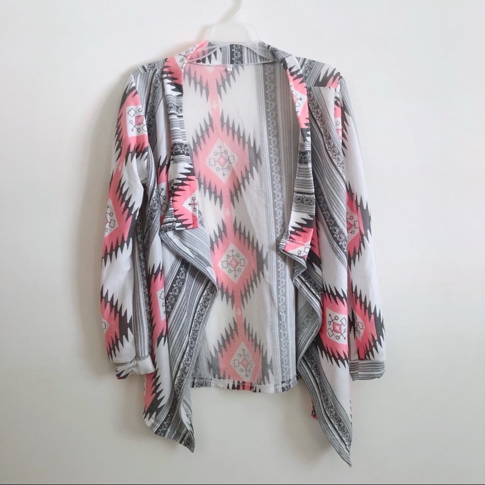 Pink Gray White Western Print Open Front Cardigan